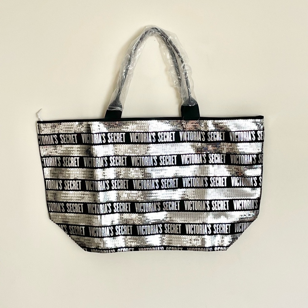 NEW Victoria’s Secret Silver Sequin Travel Zip Tote Bag & Clutch Zip Bag